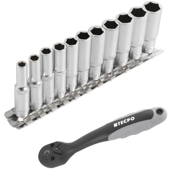 TECPO Steckschlüssel Satz, Zollgrößen 1/4", 11-tlg + Umschaltknarre 1/4"