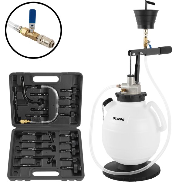 TECPO Getriebeöl-Befüllsystem 7.5 L mit 20 Adaptern Automatik-, CVT- und Doppelkupplungs-Getriebe für professionelle Werkstattbefüllung
