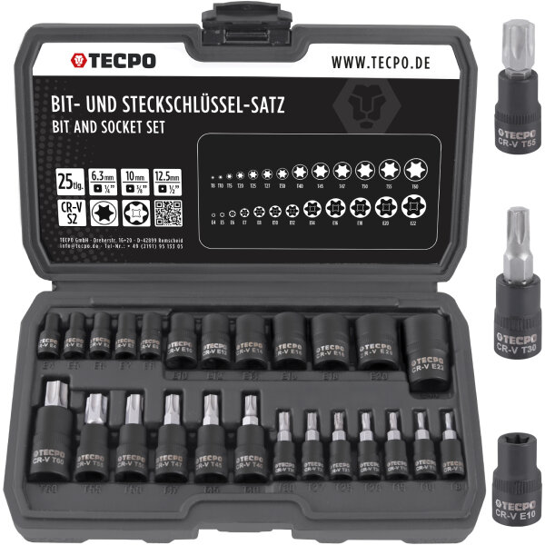 TECPO Steckschlüssel-Satz T-Profil (für Torx) und E-Torx, 25-teilig