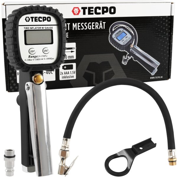 TECPO Digitale Reifenfüllpistole Druckluft Füllpistole Luftdruckprüfer LCD 0–10 bar 1/4 Zoll Reifenfüller für Kfz Motorrad Werkstatt