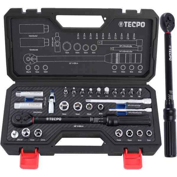 TECPO Drehmomentschlüssel Set 3/8" 5-50 Nm CR-V 72 Zähne Länge 375 mm + Nüsse