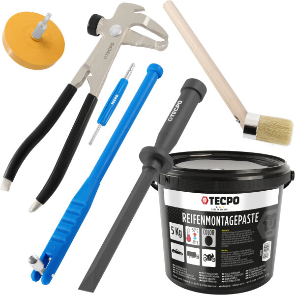 TECPO Reifenmontagepaste schwarz 5 kg + Pinsel + Auswuchtzange + Einziehwerkzeug + Radierer + Schaber