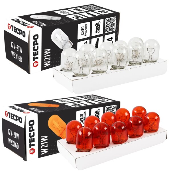 TECPO Glühbirne 12V-21W, W21W Orange + 12V-21W, W3X16D Glassockel