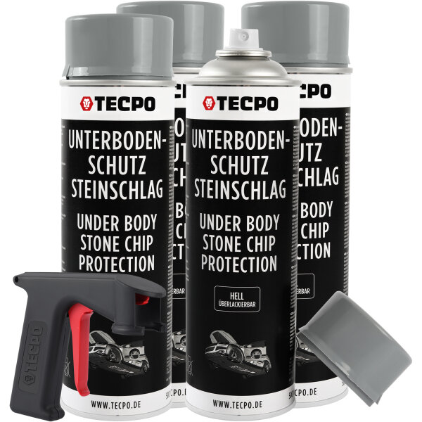 4x TECPO Unterbodenschutz überlackierbar hell, 500 ml + Pistolengriff