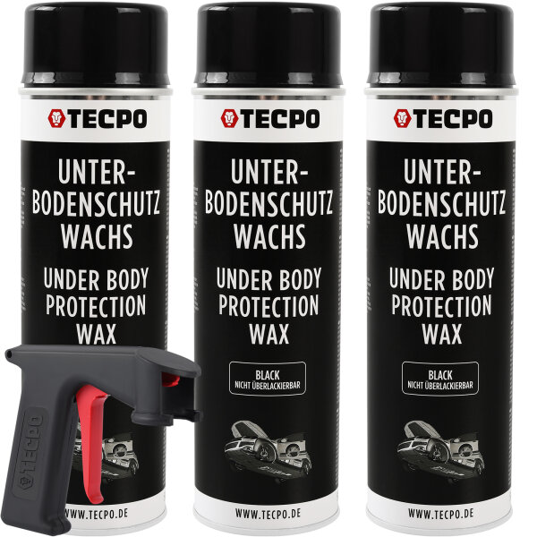 3x TECPO Unterbodenschutz Wachs schwarz, 500 ml + Sprühpistole