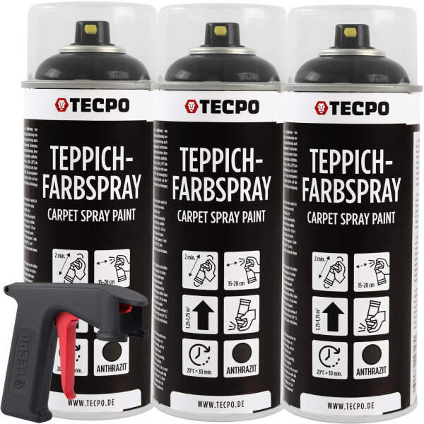 3x TECPO 1K Farbspray Anthrazit Teppich / Fußmatten, 400 ml + Sprühpistole