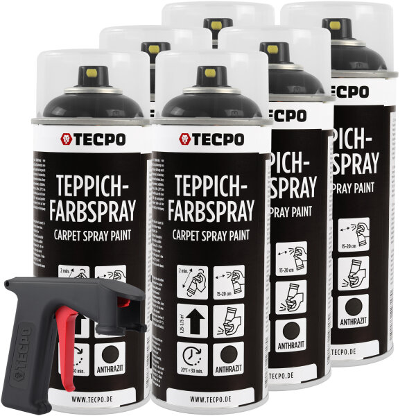 6x TECPO 1K Farbspray Anthrazit Teppich / Fußmatten, 400 ml + Sprühpistole