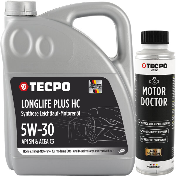 5L TECPO 5W-30 LONGLIFE PLUS MOTORÖL für VW 504.00 507.00 MB 229.31 229.51 BMW LL-04 C30 + Motor Doctor Motoröl Anti-Verschleißschutz, 300 ml