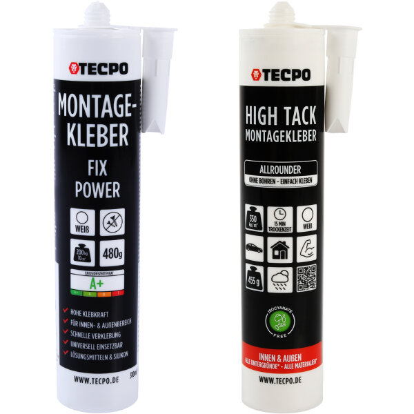 TECPO Universal Montagekleber Ultra FIX Power Baukleber 480g Weiß + Montagekleber HIGH TACK Baukleber, 1x 455g Kleber + Dichtstoffe MS-Polymer SMP
