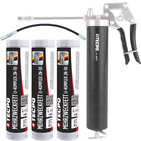 TECPO Mehrzweckfett 3x400g Hochleistungs Li-Komplex Schmierfett KP 2N-30 Lithium Fett + Einhand-Fettpresse