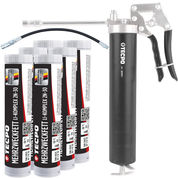 TECPO Mehrzweckfett 6x400g Hochleistungs Li-Komplex Schmierfett KP 2N-30 Lithium Fett + Einhand-Fettpresse