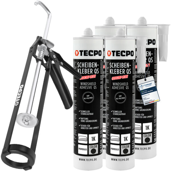 TECPO Scheibenkleber MS-Polymer 4x 290 ml + Skelett Kartuschenpresse
