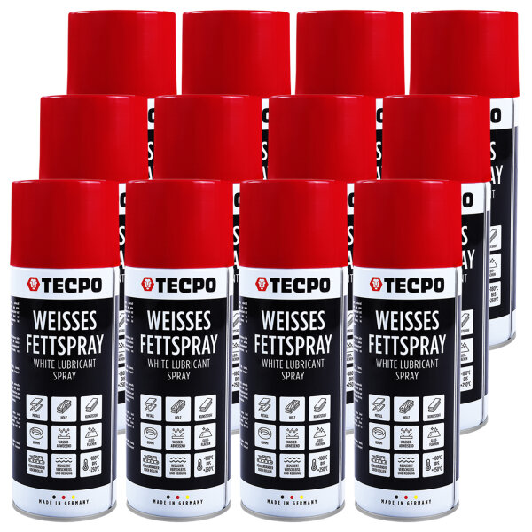 TECPO Weisses Fettspray Sprühfett White Grease 12x 400 ml Hochleistungs-Schmierfett mit starker Kriechwirkung und Korrosionsschutz