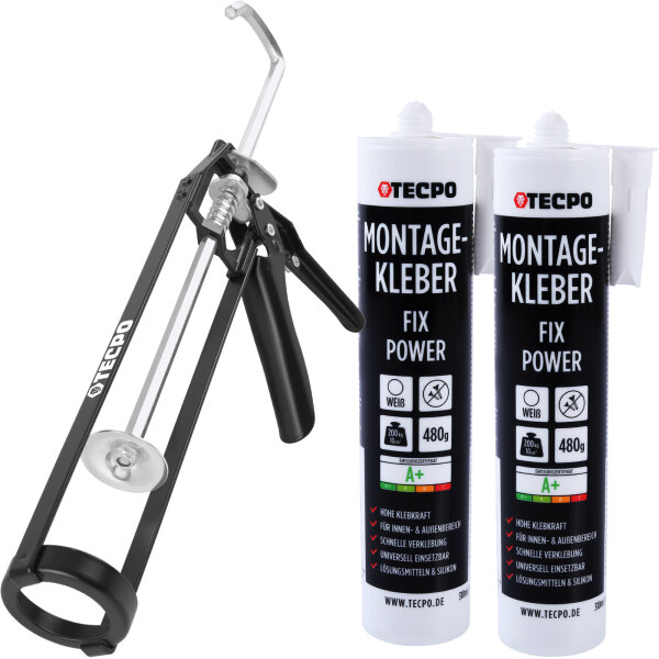 TECPO Montagekleber Fix Power 2x480g Universal Baukleber Kartuschen Kraftkleber mit Skelett-Kartuschenpresse