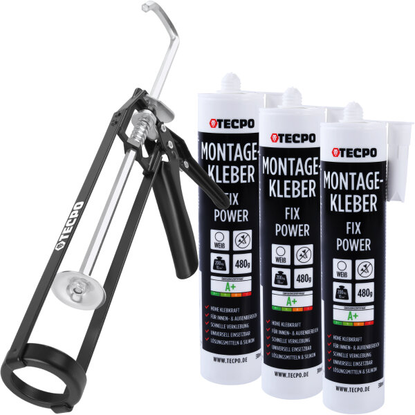 TECPO Montagekleber Fix Power 3x480g Universal Baukleber Kartuschen Kraftkleber mit Skelett-Kartuschenpresse