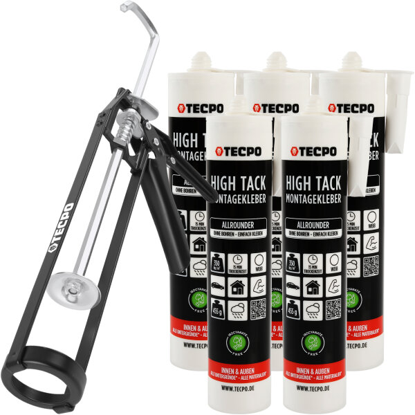 TECPO Allrounder Montagekleber HIGH TACK MS-Polymer 5x 455g Weiß + Skelett Kartuschepresse
