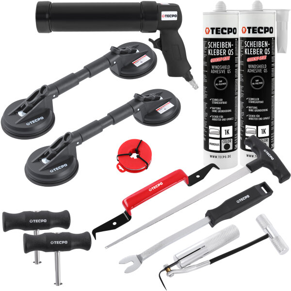 TECPO Windschutzscheibe-Reparaturset + Druckluft-Kartuschenpresse + 2x Gummi-Doppelsauger + 2x Scheibenkleber MS-Polymer, 290 ml