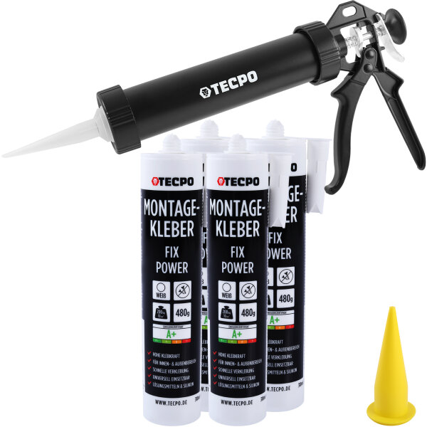 4x TECPO Universal Montagekleber Ultra FIX Power Baukleber 480g Weiß + Alu-Kartuschenpresse 220 mm