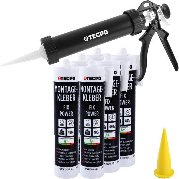 6x TECPO Universal Montagekleber Ultra FIX Power Baukleber 480g Weiß + Alu-Kartuschenpresse 220 mm
