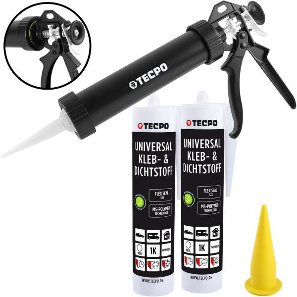 2x TECPO KLEBE UND DICHTSTOFF UNIVERSAL FLEX SEAL 522 WEIß 1K MS POLYMER 480g + Alu-Kartuschenpresse 220 mm