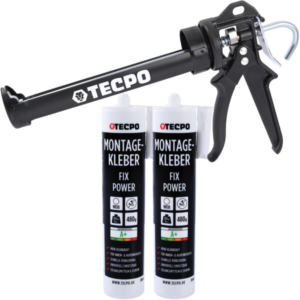 2x TECPO Universal Montagekleber Ultra FIX Power Baukleber 480g Weiß + Kartuschenpresse Kartuschenpistole 25:1