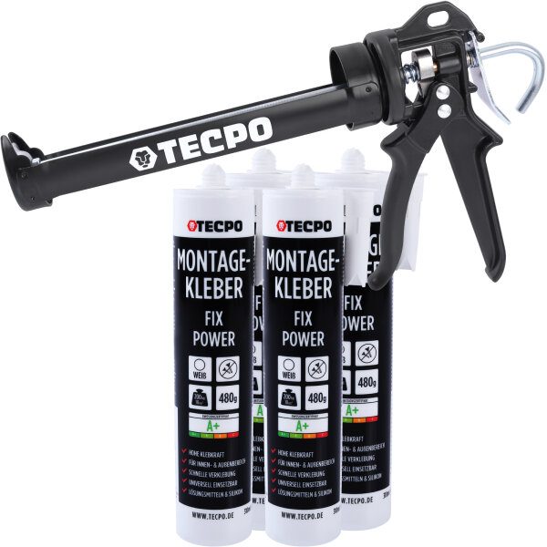 4x TECPO Universal Montagekleber Ultra FIX Power Baukleber 480g Weiß + Kartuschenpresse Kartuschenpistole 25:1