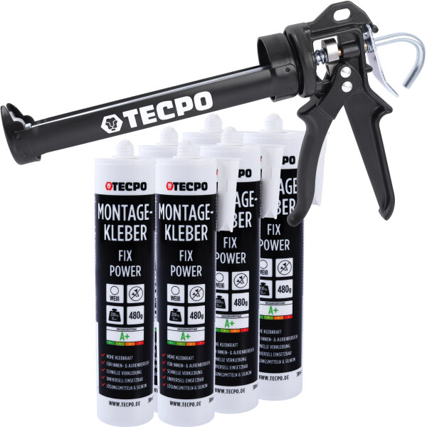 6x TECPO Universal Montagekleber Ultra FIX Power Baukleber 480g Weiß + Kartuschenpresse Kartuschenpistole 25:1