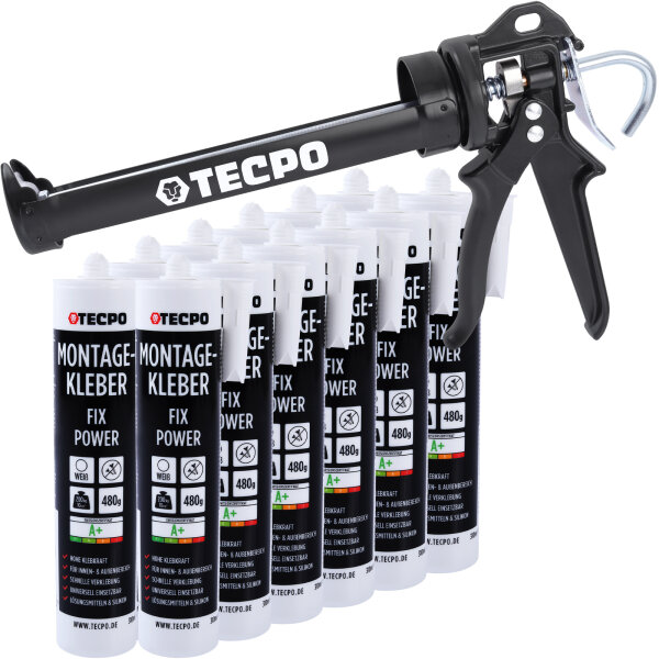 12x TECPO Universal Montagekleber Ultra FIX Power Baukleber 480g Weiß + Kartuschenpresse Kartuschenpistole 25:1