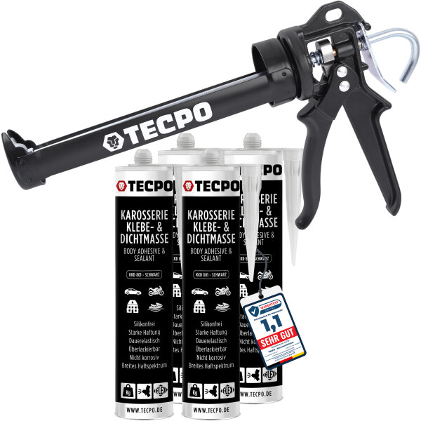4x TECPO KKD 801 Karosserie Klebe- und Dichtmasse, 370g + Kartuschenpresse Kartuschenpistole 25:1 für Kartuschen 150–310 ml (bis 220 mm Länge)