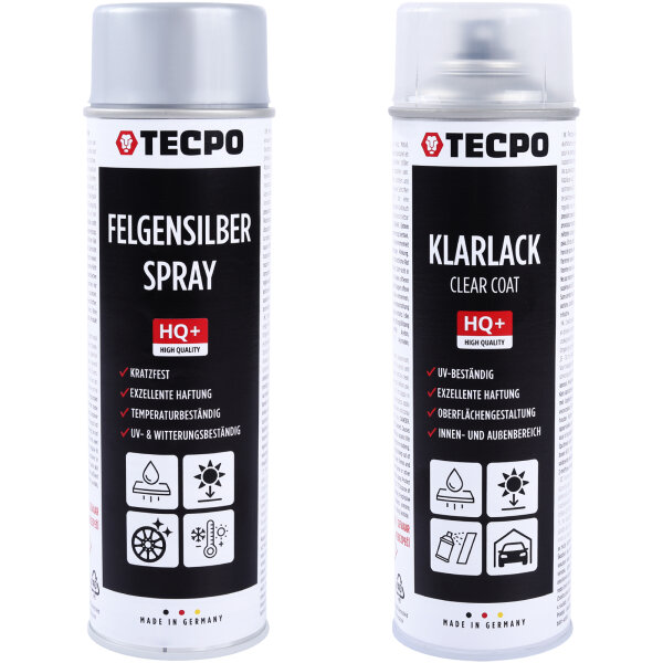 TECPO Felgensilber-Spray Felgenlack Lackspray, 500 ml + Klarlack Autolack glänzend Sprühlack, 500 ml