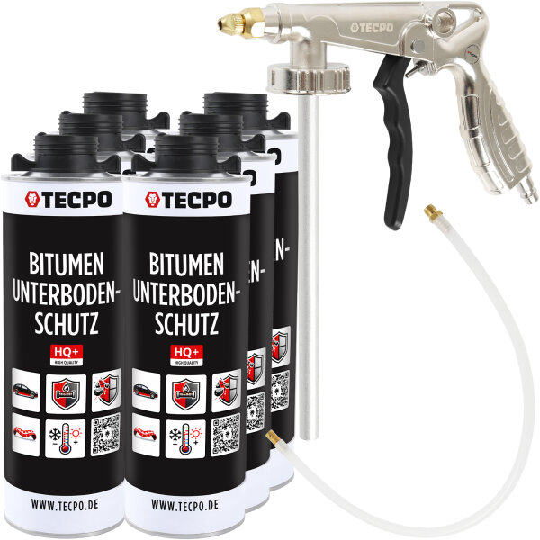TECPO Unterbodenschutz schwarz Bitumen Steinschlagschutz, 6 Liter + Druckluft Unterbodenschutz Pistole