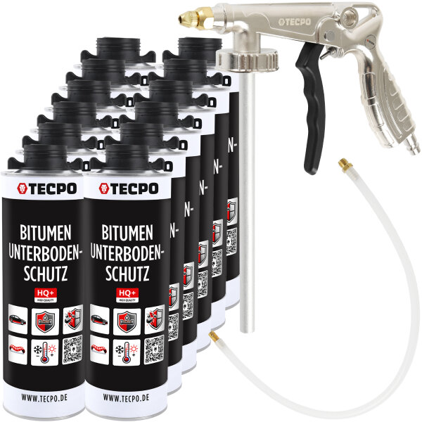 TECPO Unterbodenschutz schwarz Bitumen Steinschlagschutz, 12 Liter + Druckluft Unterbodenschutz Pistole