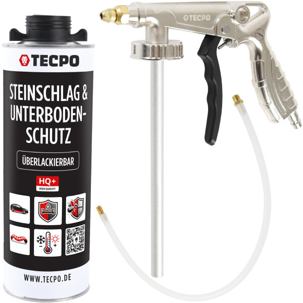 TECPO Unterbodenschutz schwarz Steinschlagschutz überlackierbar, 1 Liter + Druckluft Unterbodenschutz Pistole