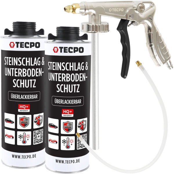 TECPO Unterbodenschutz schwarz Steinschlagschutz überlackierbar, 2 Liter + Druckluft Unterbodenschutz Pistole