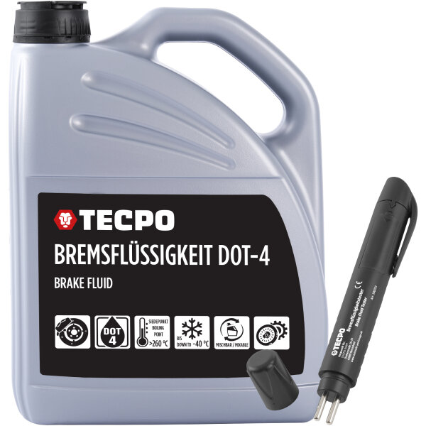 TECPO Bremsflüssigkeit DOT-4 SAE J 1703 1704 ISO 4925 DOT4, 5 Liter + Elektronischer Bremsflüssigkeitstester