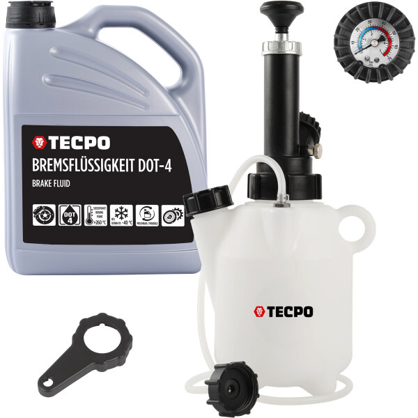 TECPO Bremsenentlüftungsgerät 2L + Bremsflüssigkeit DOT-4 SAE J 1703 1704 ISO 4925 DOT4, 5 Liter