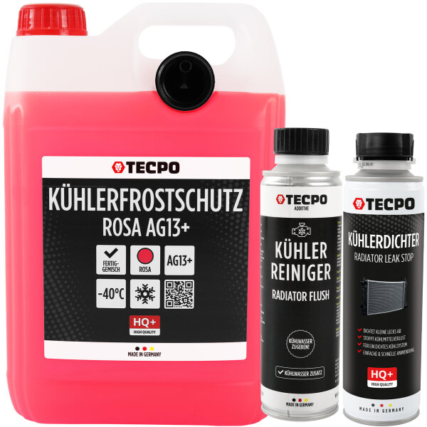 TECPO Kühlerfrostschutz AG13+ rosa -40 C°, 5L + Kühlerdichter, 300 ml + Kühlerreiniger, 300 ml
