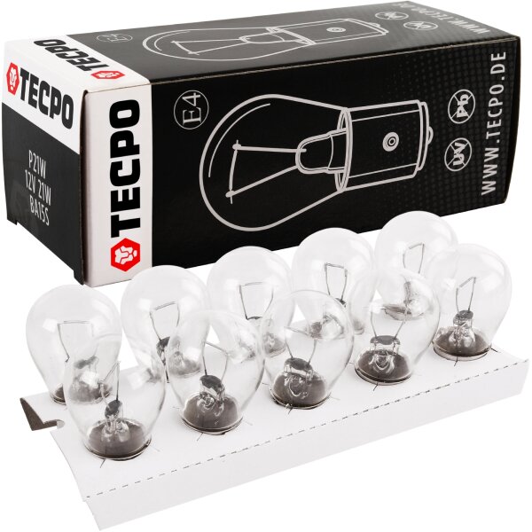 TECPO Glühlbirne P21W 12V 21W BA15S, 10 Stück