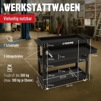 TECPO Werkstattwagen Werkzeugwagen 3 Etagen mit Schublade 300 kg Rollwagen Stahl pulverbeschichtet