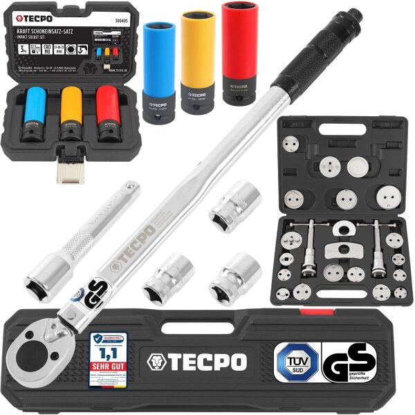 TECPO Drehmomentschlüssel 1/2 Zoll, 40-210 Nm + Bremskolben-Rücksteller + Kraft-Schoneinsatz-Satz SW 17 mm 19 mm 21 mm