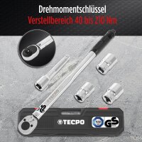 TECPO Drehmomentschlüssel 1/2 Zoll, 40-210 Nm + Bremskolben-Rücksteller + Kraft-Schoneinsatz-Satz SW 17 mm 19 mm 21 mm