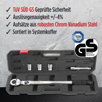 TECPO Drehmomentschlüssel 1/2 Zoll, 40-210 Nm + Bremskolben-Rücksteller + Kraft-Schoneinsatz-Satz SW 17 mm 19 mm 21 mm