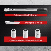 TECPO Drehmomentschlüssel 1/2 Zoll, 40-210 Nm + Bremskolben-Rücksteller + Kraft-Schoneinsatz-Satz SW 17 mm 19 mm 21 mm