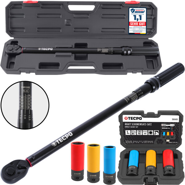TECPO Drehmomentschlüssel (1/2") 60 - 330 Nm + Kraft-Schoneinsatz-Satz SW 17mm 19mm 21mm