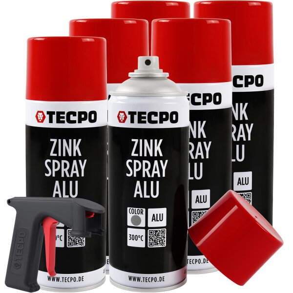 6x TECPO Zink Spray ALU Hell 400 ml bis 300°C Grundierung Rostschutz Korrosionsschutz + Sprühpistole