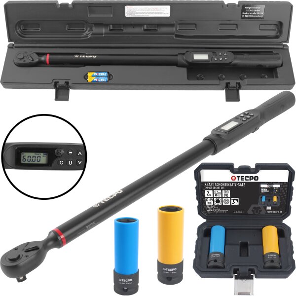 TECPO Digitaler Drehmomentschlüssel 1/2" 17-340 Nm + Kraft-Schoneinsatz-Satz SW 17mm 19mm
