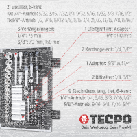 TECPO Steckschlüssel-Satz, 92-tlg, 1/4+3/8", ZOLL + LED Akku Handlampe 500 Lumen