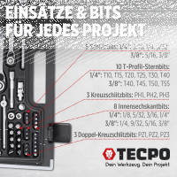 TECPO Steckschlüssel-Satz, 92-tlg, 1/4+3/8", ZOLL + LED Akku Handlampe 500 Lumen