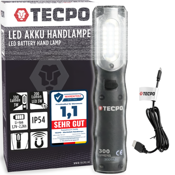 TECPO LED Akku Handlampe 300 Lumen + USB Kabel