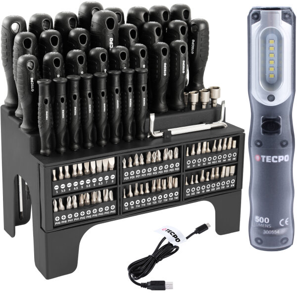 TECPO Schraubendreher- und Bit Set 100-tlg. + Werkstattlampe, 500 Lumen magnetisch